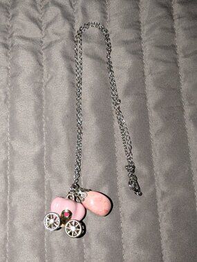 $1 with Bundle ~ Chain Necklace Pink Enamel Pumpkin Carriage Pendant 6472